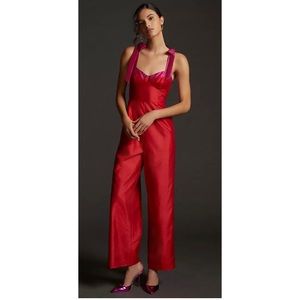 Anthropologie Hutch Red Pink Bustier Seamed Wide Leg Jumpsuit size 6 3B35